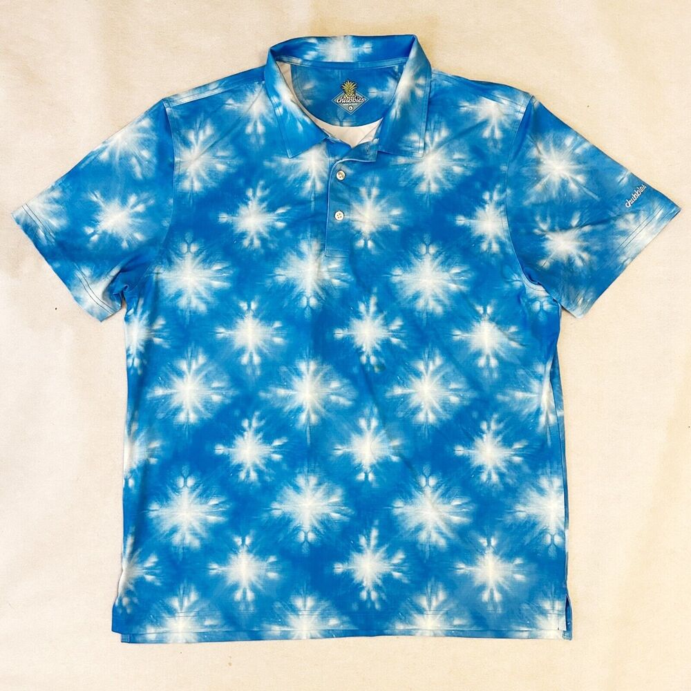 Chubbies Performance Golf Polo Shirt Mens L Blue White Tye Dyed Stretch